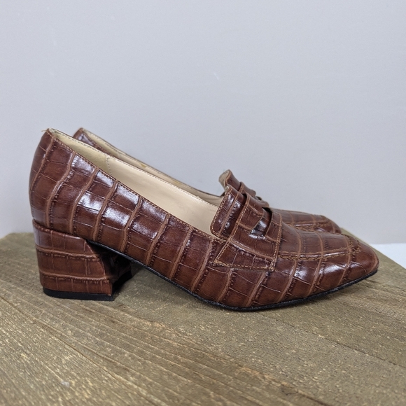 Vagadi Brown Croc Embossed Leather Loafers Size 37 Women’s 7 Made in Turkey Bloc - Picture 1 of 12